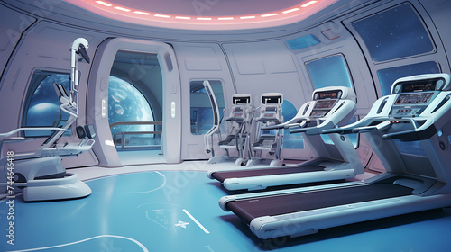 A gym for a space tourism company, featuring zero-gravity simulators and astronaut training equipment.