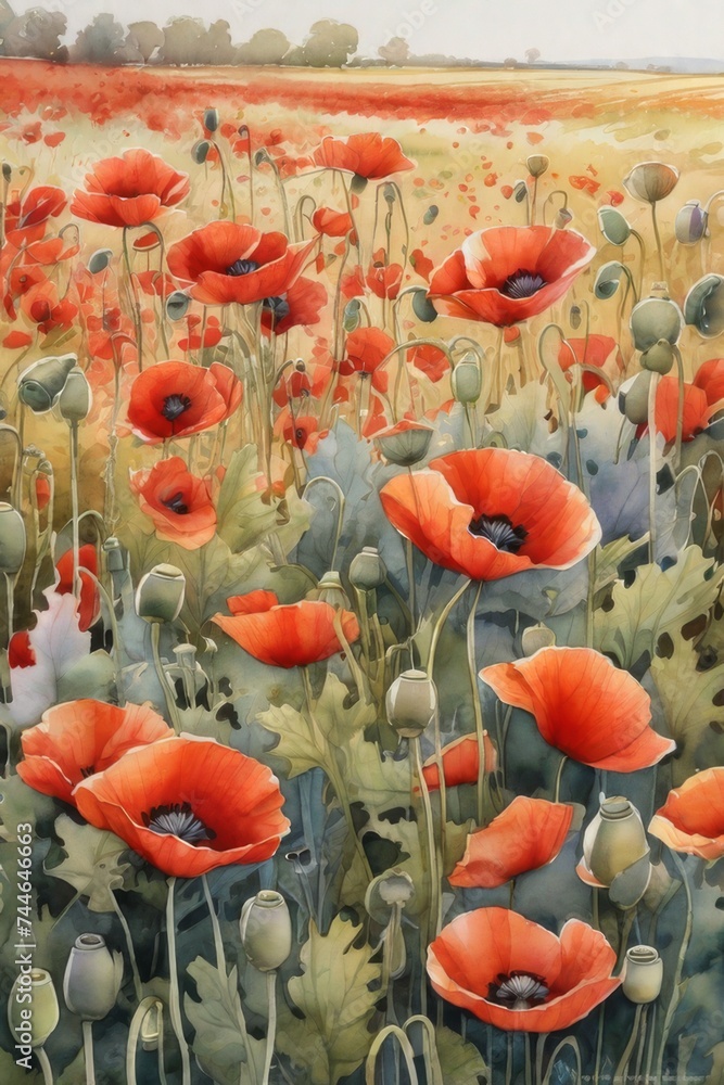 a Watercolor Drawing of Red Poppy Flowers