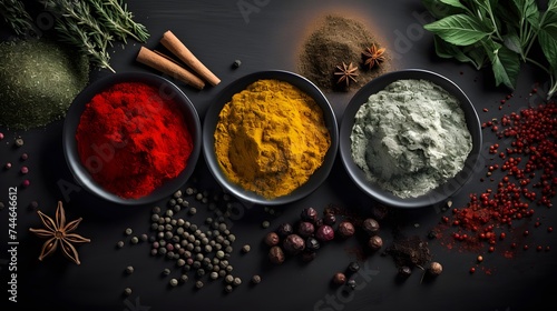 Spices and herbs on black background. Food and cuisine ingredients.