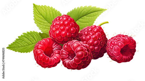 Ripe raspberries with green leaves isolated on transparent background.