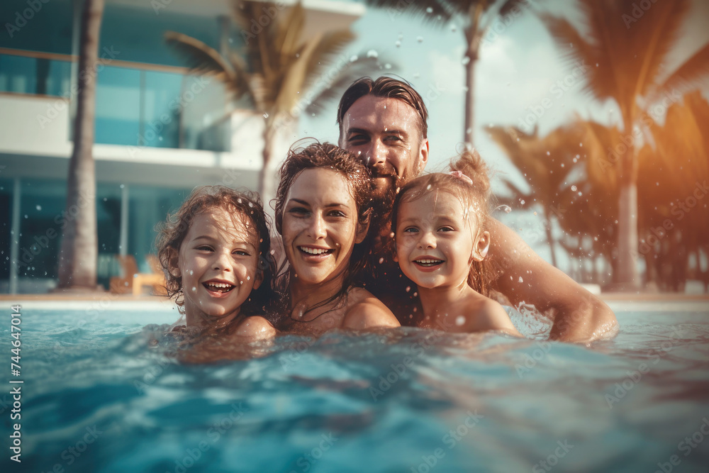 A joyful family shares a splash-tastic moment in a refreshing pool A joyful family shares a splash-tastic moment in a refreshing pool