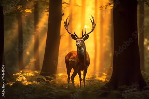 Majestic stag stands in an enchanting misty forest