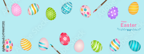 Happy Easter banner vector illustration, top view of colorfully painted Easter eggs and paintbrush on blue background, painting egg with brush, sweet decorative holiday celebration.
