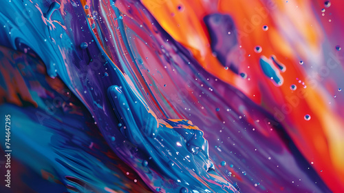 Colored spilling paint in motion. Splashes and drops of paint fly around. Splash of bright colors  Liquid paint falls into water. Abstract dynamic bright background for design  Abstract liquid color 