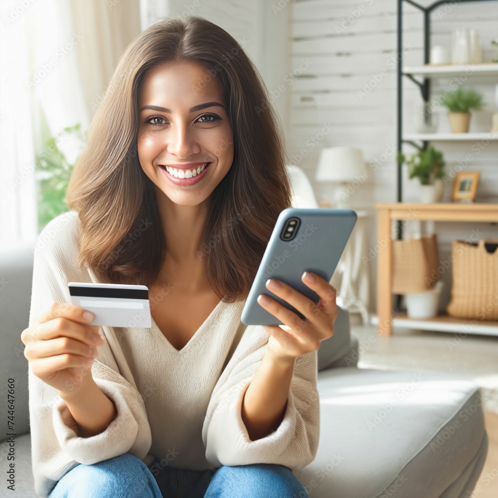 Happy woman holding phone and credit card for payment, online shopping in living room at home. Online shop transaction. Purchase. Mobile smartphone. E-commerce. Banking app. Cellphone. Generative AI Happy woman holding phone and credit card for payment, online shopping in living room at home. Online shop transaction. Purchase. Mobile smartphone. E-commerce. Banking app. Cellphone. Generative AI