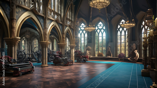 A gym interior for an enchanted castle fitness center, with castle-inspired workouts and fairy tale decor.