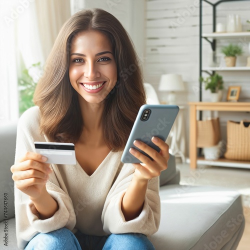 Happy woman holding phone and credit card for payment, online shopping in living room at home. Online shop transaction. Purchase. Mobile smartphone. E-commerce. Banking app. Cellphone. Generative AI