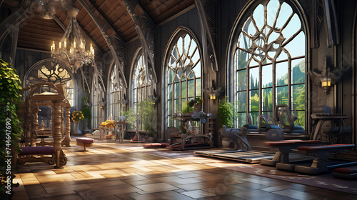 A gym interior for an enchanted castle fitness center  with castle-inspired workouts and fairy tale decor.