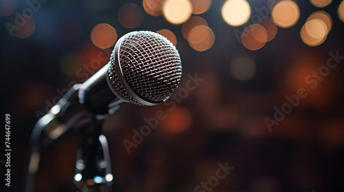 A detailed close-up of a microphone on a stand, set against a backdrop of soft bokeh lights, ready for a performance.