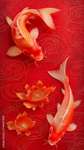 koi carp or koi fish on red Background