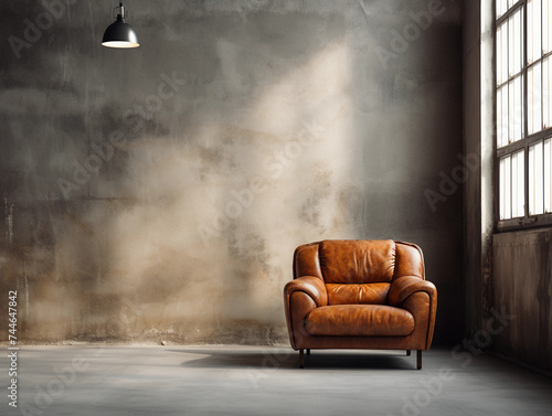 Brown luxury leather armchair in a large empty industrial style space with large window and shadow on rough concrete wall, empty copy space. 