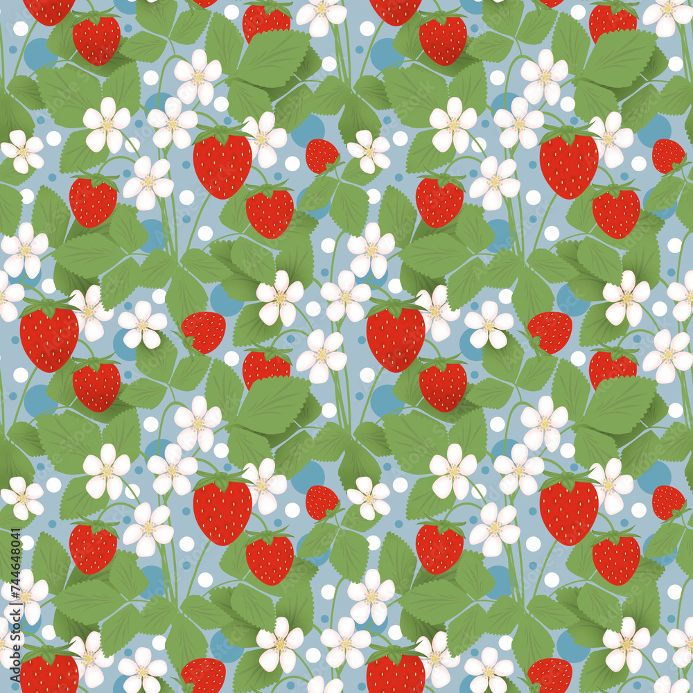 Seamless bright pattern with strawberries, white flowers on a blue, green background. Seamless bright pattern with strawberries, white flowers on a blue, green background.