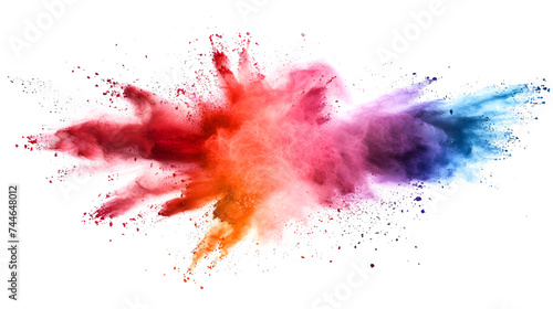 A white background is the backdrop for an explosion of colored powder, Colorful Holi powder blowing up,Multicolor powder explosion on white background 