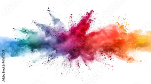 A white background is the backdrop for an explosion of colored powder, Colorful Holi powder blowing up,Multicolor powder explosion on white background 