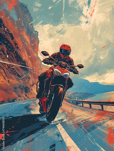 Illustration d'un pilote sur une belle moto sur une route