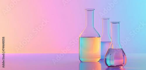 Glass flasks with liquid on a gradient background. Medicine and science concept background. Generated AI