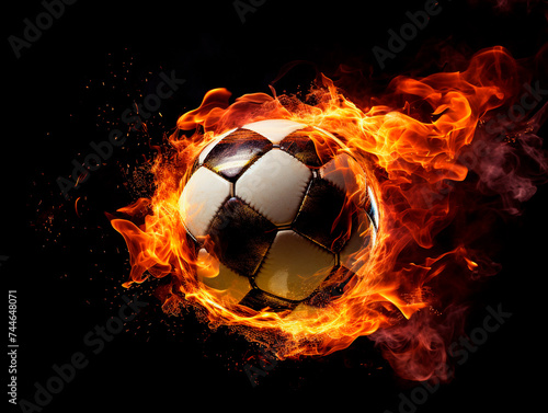 Soccer ball in fire flames isolated on black background. © Kateryna