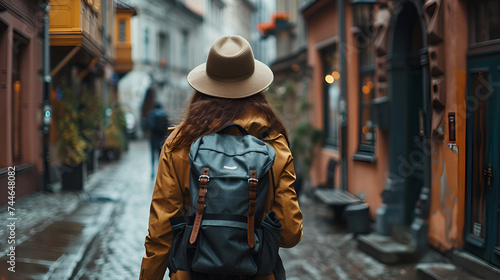 Tourist Woman with Hat and Backpack, generative ai