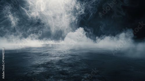 Abstract image of dark room concrete floor. Black room or stage background for product placement. Panoramic view of the abstract fog. White cloudiness  mist or smog moves on black background.