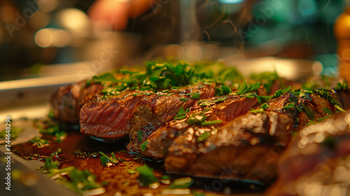 Sliced  medium-rare steak topped with chopped herbs on a serving tray  with kitchen ambiance in the warm background.