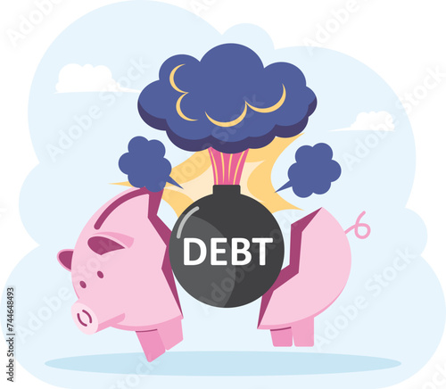 Broken Piggy Bank By Debt Bombs. Crisis of banking and finance. Flat, Vector, Illustration,


