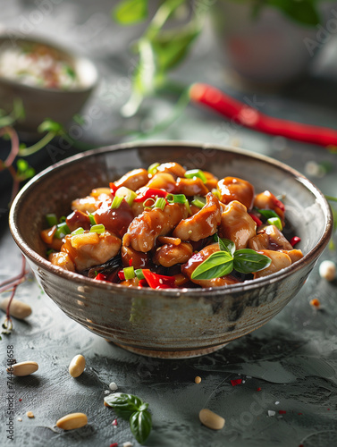Chinese delicacy, Kung Pao chicken comprises tender chicken meat cooked with fiery chili peppers, crunchy peanuts, savory sauces, and fragrant onions, epitomizing the rich flavors of Chinese cuisine.