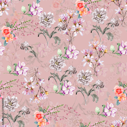 Seamless floral pattern with peonies on light background, watercolor. 