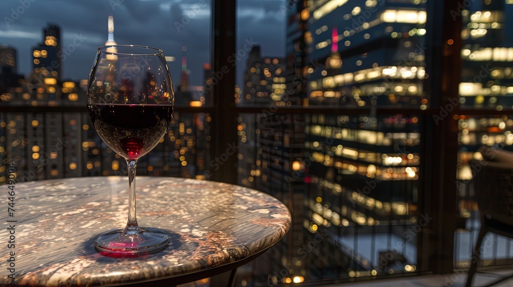 A glass of red wine graces a balcony table against the backdrop of a city's night lights, offering a moment of urban tranquility.  Red Wine Overlooking the Nighttime Cityscape

