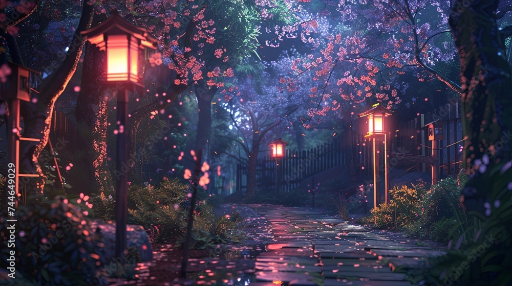 Traditional lanterns cast a warm light on a stone walkway meandering through a lush grove of cherry trees in bloom. Lantern-Lit Walkway Through Blossoming Cherry Trees

