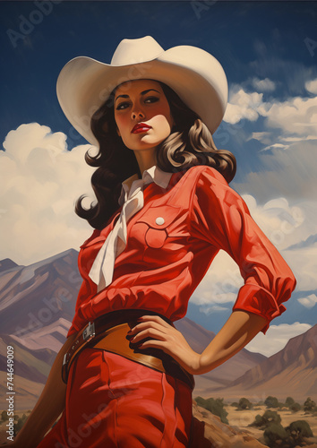 brunette cowgirl wearing red western shirt with desert mountain range vista vintage americana painting