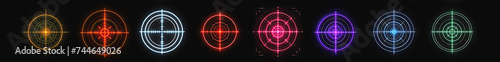 Tech-Glow Bullseye, a stock image set featuring futuristic interfaces for spot-on decisions, sporting triumphs, and military precision. Diverse colors and neon glow.  photo