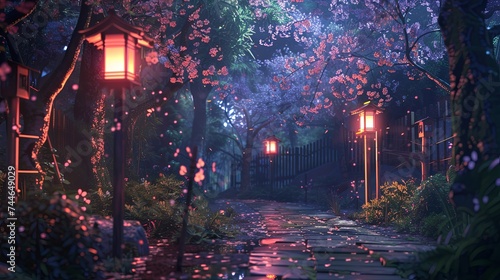 Traditional lanterns cast a warm light on a stone walkway meandering through a lush grove of cherry trees in bloom. Lantern-Lit Walkway Through Blossoming Cherry Trees  