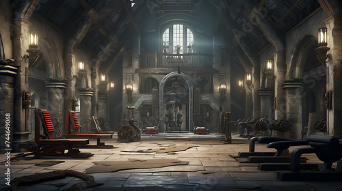 A gym interior for a medieval castle dungeon fitness center, with dungeon-inspired workouts and castle architecture.