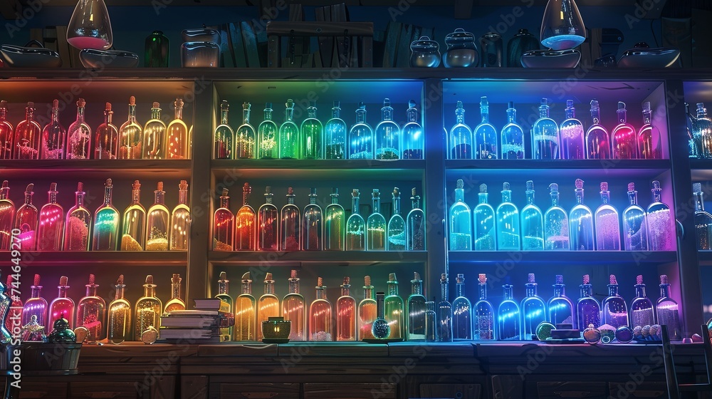 Shelves filled with glass bottles illuminated by neon lights in a variety of colors, creating a contemporary and stylish bar atmosphere.  Neon-Lit Bottles on Shelves in Modern Bar

