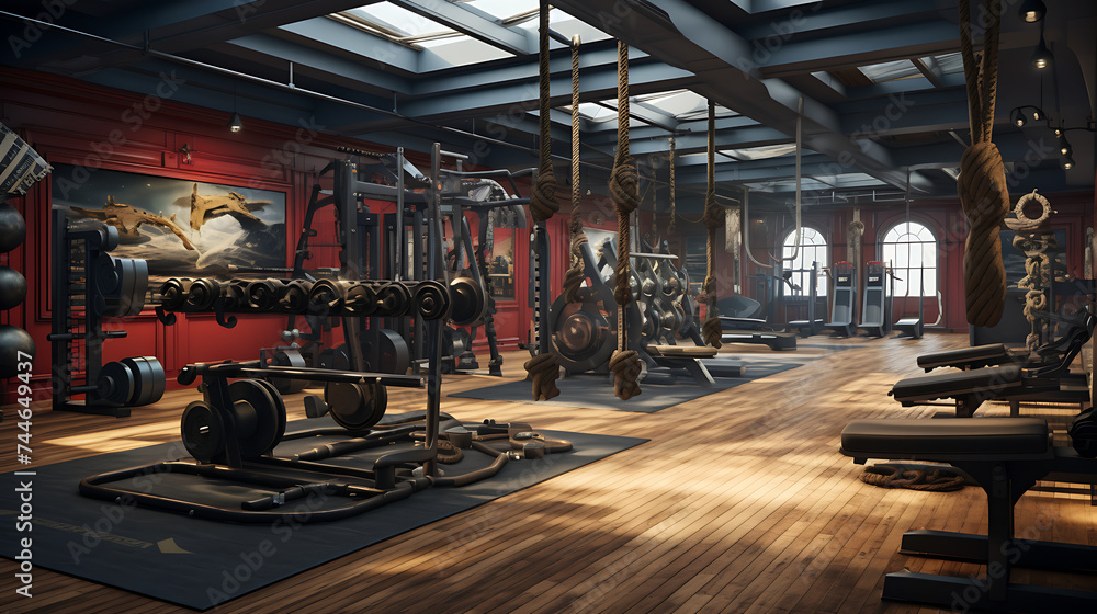 Obraz premium A gym interior for a pirate ship fitness center, with pirate-inspired workouts and nautical decor.