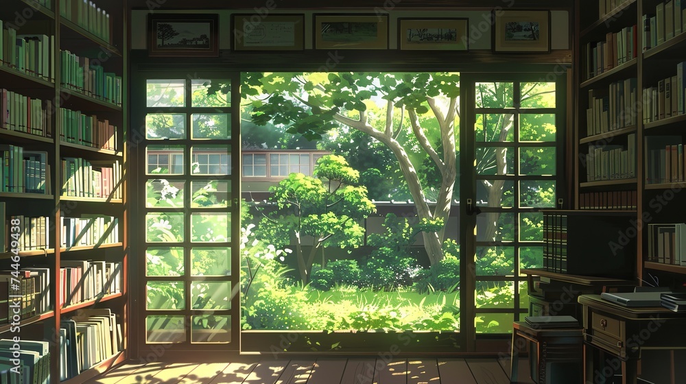 Inviting home study filled with books, bathed in natural sunlight with a view of a beautiful green garden. Cozy Home Study Overlooking Lush Garden
Inviting home study filled with books, bathed in natural sunlight with a view of a beautiful green garden. Cozy Home Study Overlooking Lush Garden