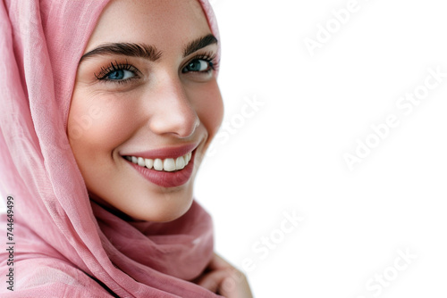 Portrait of a beautiful muslim woman wearing pink hijab.