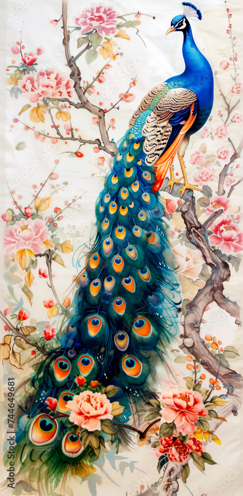 watercolor pattern peacock lover, blooming cherry trees, white magnolia flowers, small flowers of sakura, retro wallpapers, vintage