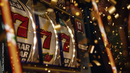 The slot machine has three reels, each displaying the number "7" in the center, indicating a jackpot or win.  © Kate Mova