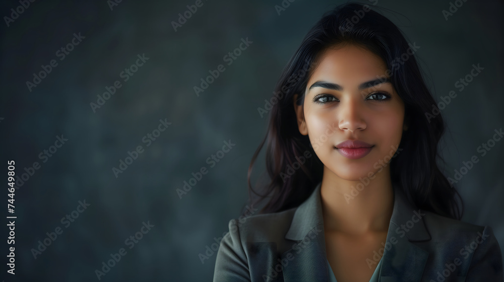 Fototapeta premium Portrait of a confident businesswoman with blank space for text. Background for the Women's Day campaign in a professional color tone. A Indian woman wearing a black suit on a gray background.