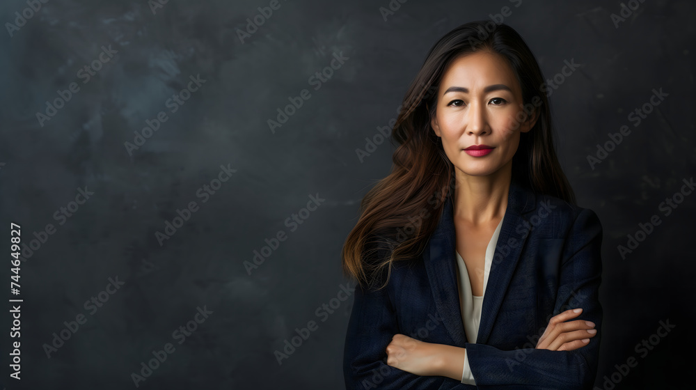 Portrait of a confident businesswoman with blank space for text. Background for the Women's Day campaign in a professional color tone. An Asian woman wearing a black suit on a gray background. Portrait of a confident businesswoman with blank space for text. Background for the Women's Day campaign in a professional color tone. An Asian woman wearing a black suit on a gray background.