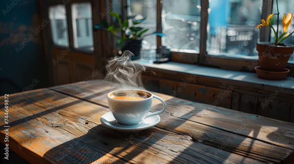 A freshly brewed espresso sits on a rustic table, its steam swirling upwards, basking in the soft, warm light of a sunny morning. Inviting Espresso Moment in Morning Light
A freshly brewed espresso sits on a rustic table, its steam swirling upwards, basking in the soft, warm light of a sunny morning. Inviting Espresso Moment in Morning Light