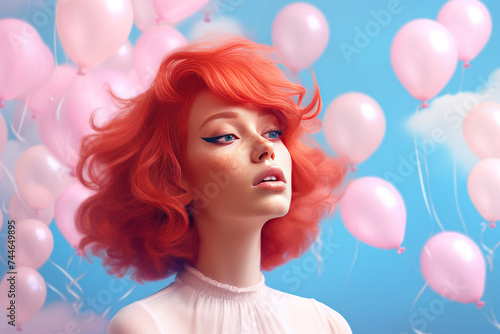 Woman with pink hair surrounded by a sea of floating pastel balloons against a soft cloudy backdrop.