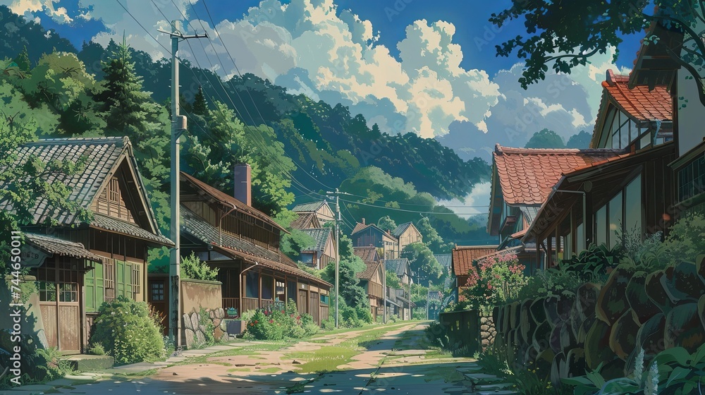 An animated image depicting a quiet village street flanked by traditional houses and rich greenery in a mountainous landscape. Quaint Village Street in Lush Mountain Setting

