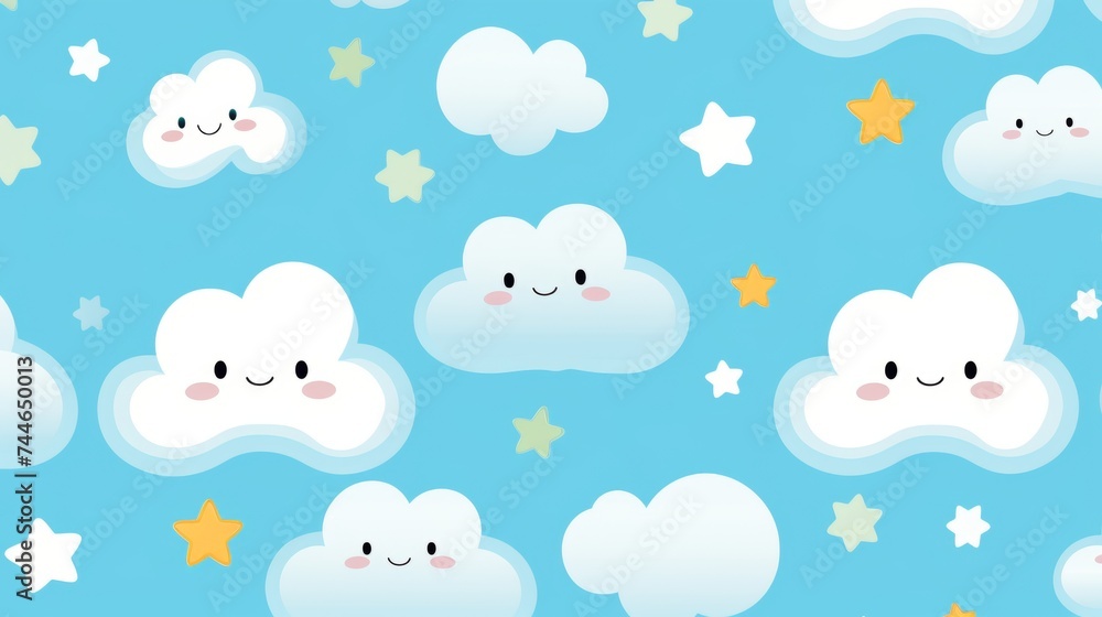 Whimsical kawaii cloud pattern ideal for kids apparel and accessories, adding a playful touch. Whimsical kawaii cloud pattern ideal for kids apparel and accessories, adding a playful touch.