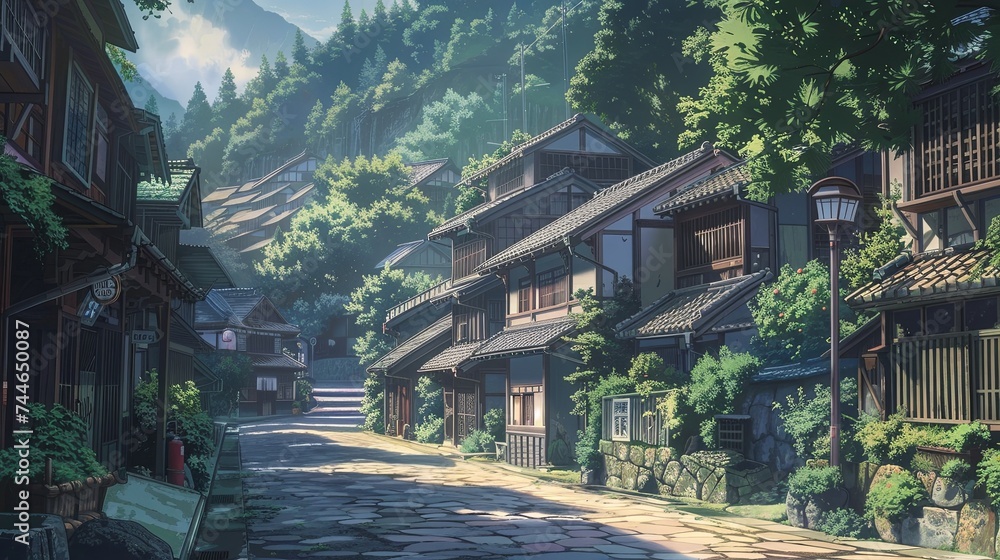 A serene, animated portrayal of a traditional Japanese village with historic wooden architecture nestled in a lush mountain setting. Historic Japanese Village Street View

