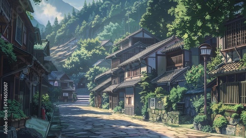 A serene, animated portrayal of a traditional Japanese village with historic wooden architecture nestled in a lush mountain setting. Historic Japanese Village Street View