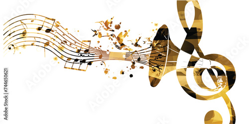 Golden G-clef with gramophone horn isolated vector illustration design.