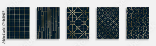 Collection of luxury ornamental geometric covers, templates, placards, brochures, banners, backgrounds and etc. Creative gold modern posters, cards, catalogs. Abstract graphic tredny minimal prints