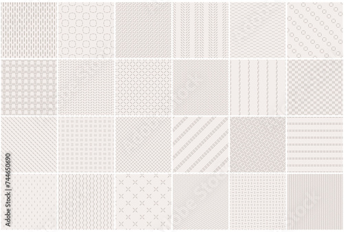 Collection of minimalistic seamless dash line patterns. Beige textile endless prints. Repeatable unusual simple backgrounds